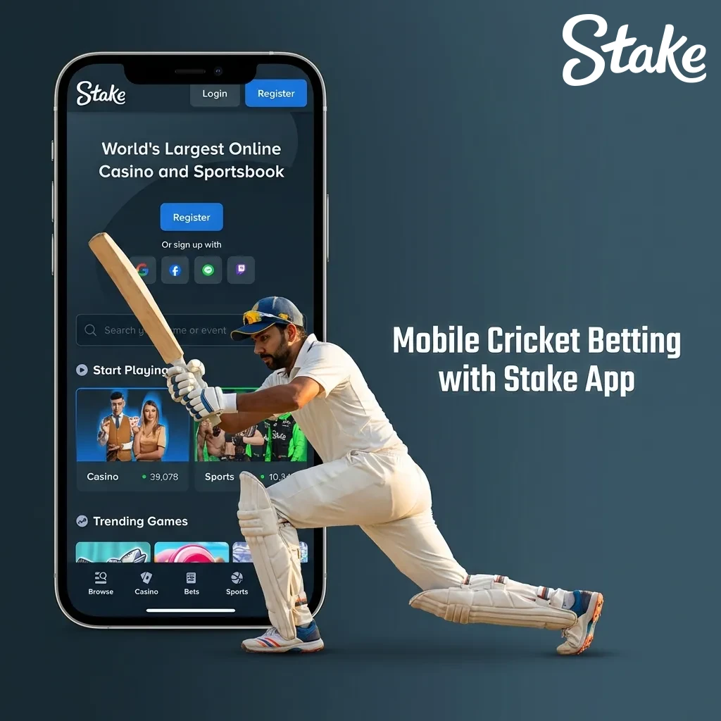 Mobile phone displaying Stake cricket betting app interface with match selection and betting options