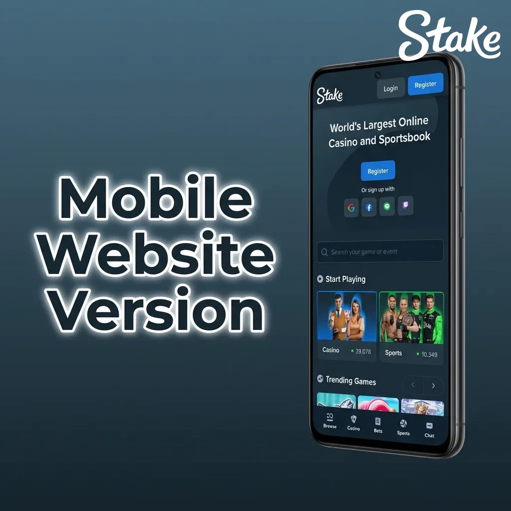 Smartphone displaying Stake mobile website interface with betting options and casino games in a browser