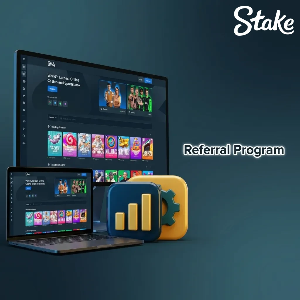 Stake referral program interface showing unique link and earnings tracker for inviting new players in India