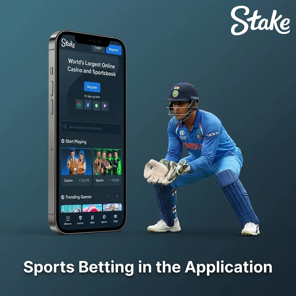 Stake betting app interface showing sports markets including cricket, football, tennis, and live betting options